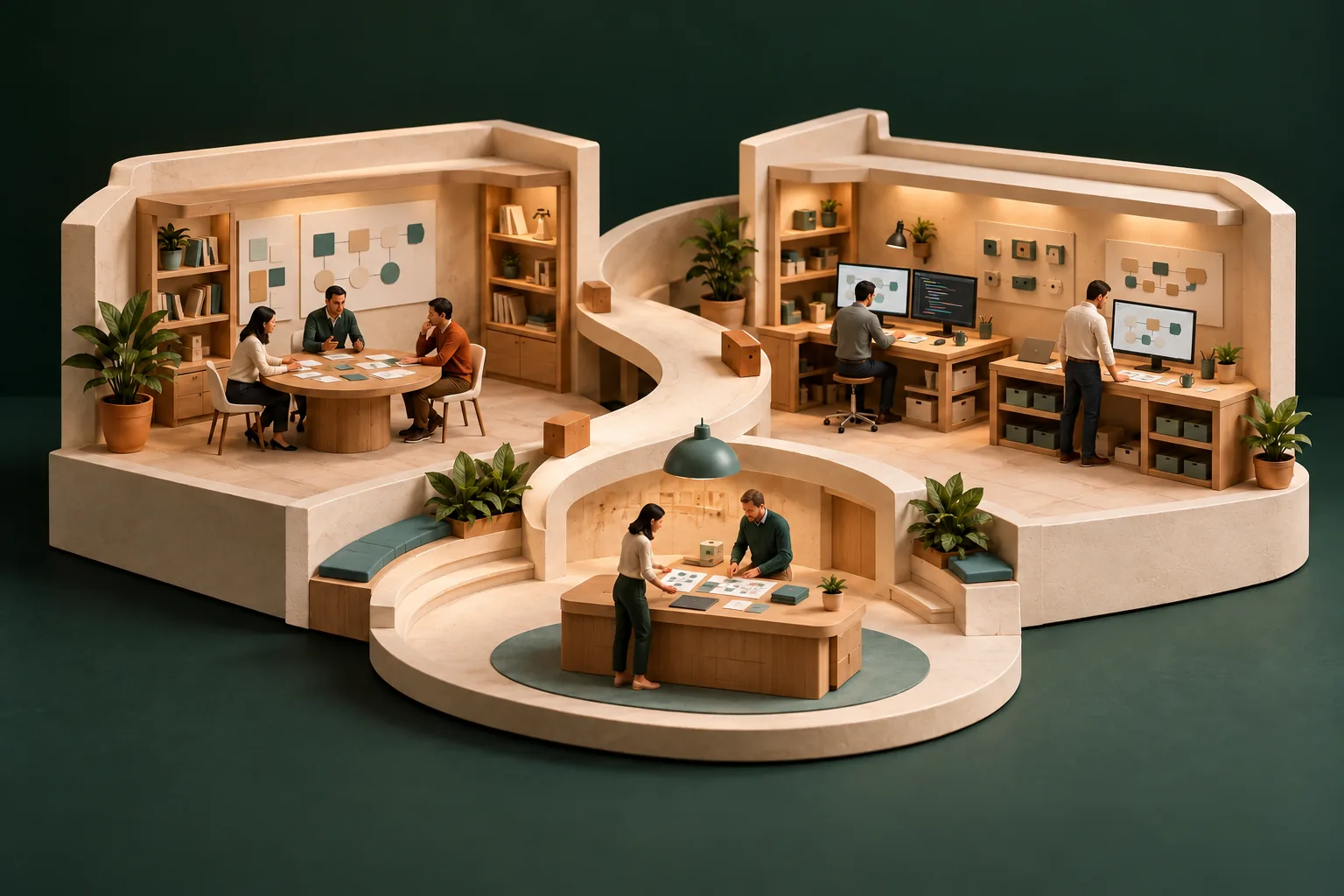 微缩场景：业务团队梳理任务，工程团队实现工具，在共同评审桌前汇合。